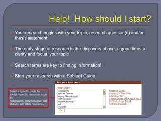   Your research begins with your topic, research question(s) and/or
    thesis statement

   The early stage of research is the discovery phase, a good time to
    clarify and focus your topic

   Search terms are key to finding information!

   Start your research with a Subject Guide


Select a specific guide for
subject-specific resources such
as:
dictionaries, encyclopedias, dat
abases, and other resources
 