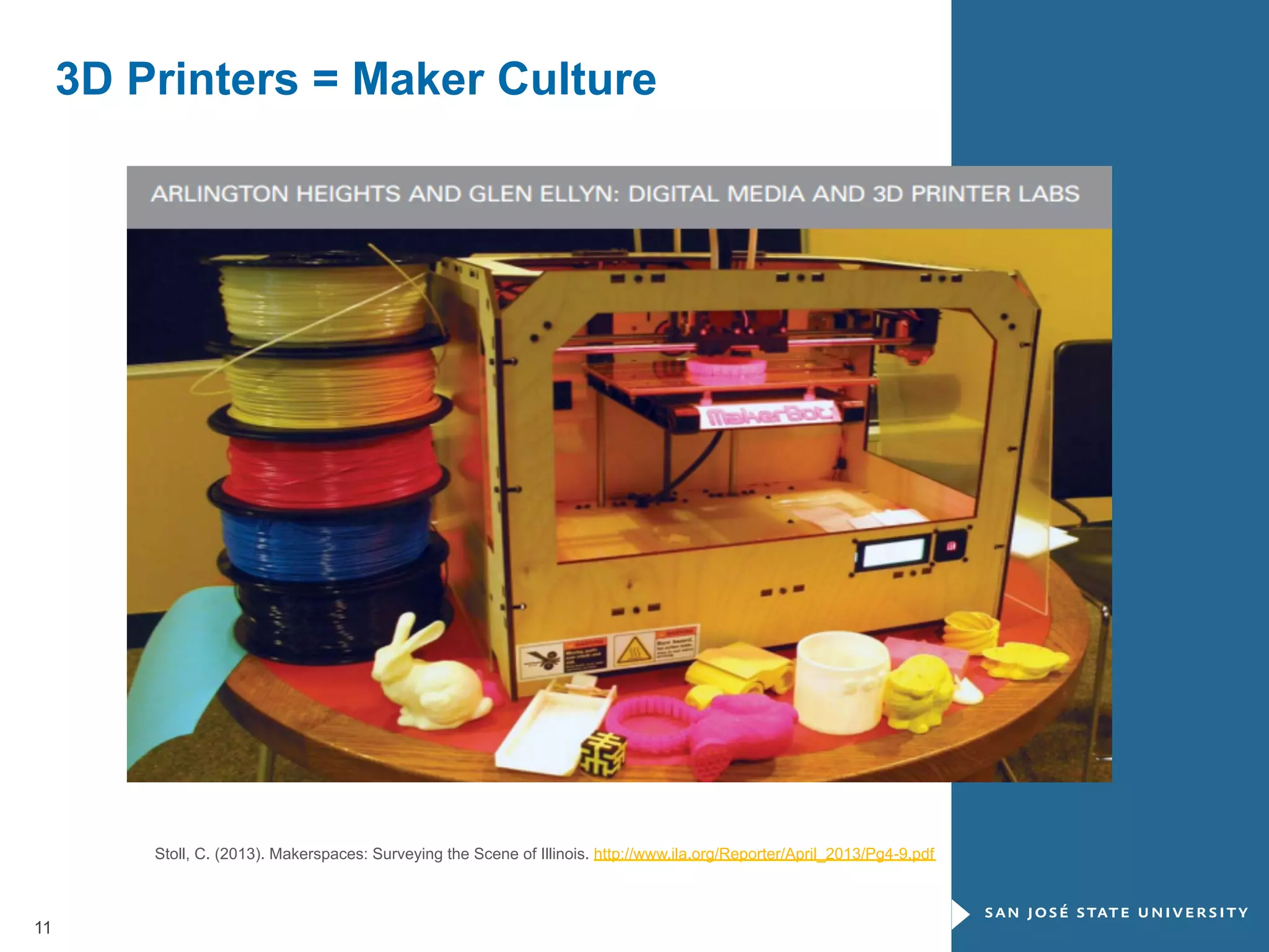 3D Printers = Maker Culture

Stoll, C. (2013). Makerspaces: Surveying the Scene of Illinois. http://www.ila.org/Reporter/April_2013/Pg4-9.pdf

11

 