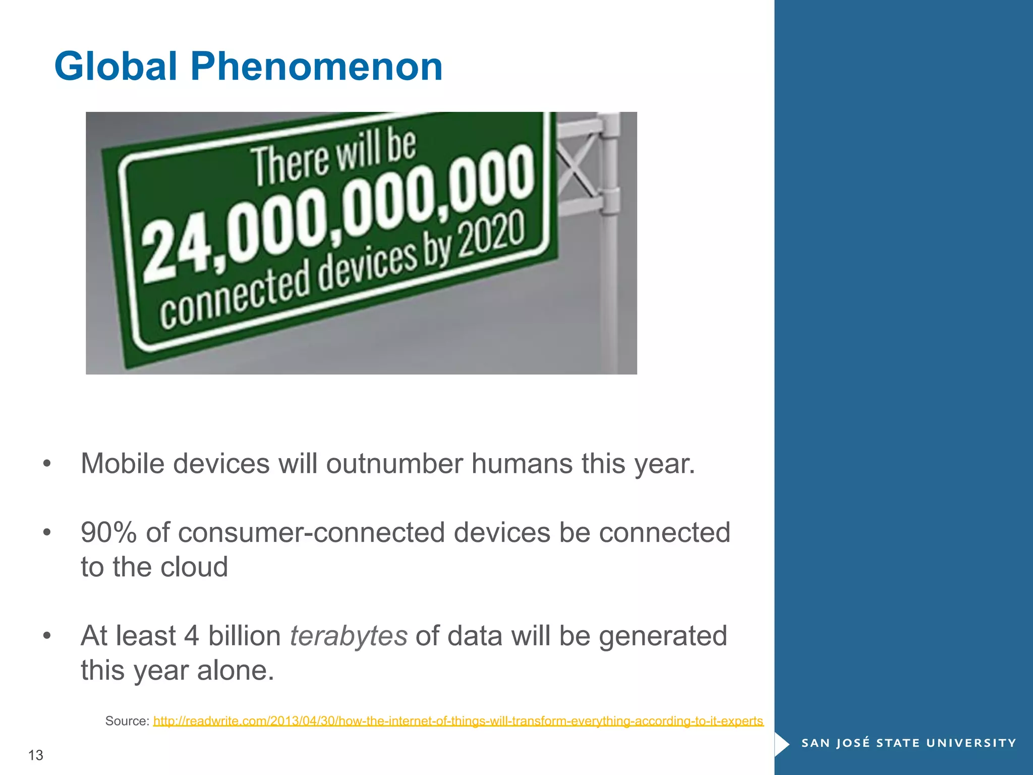 Global Phenomenon

•  Mobile devices will outnumber humans this year.
•  90% of consumer-connected devices be connected
to the cloud
•  At least 4 billion terabytes of data will be generated
this year alone.
Source: http://readwrite.com/2013/04/30/how-the-internet-of-things-will-transform-everything-according-to-it-experts

13

 