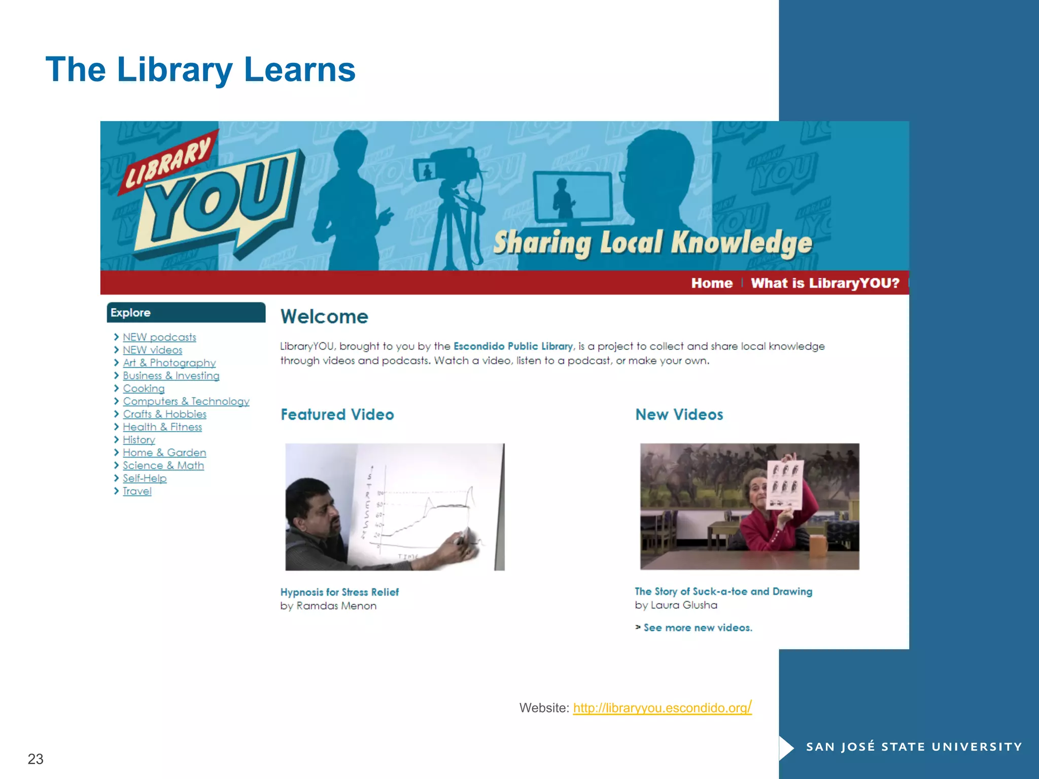 The Library Learns

Website: http://libraryyou.escondido.org/

23

 