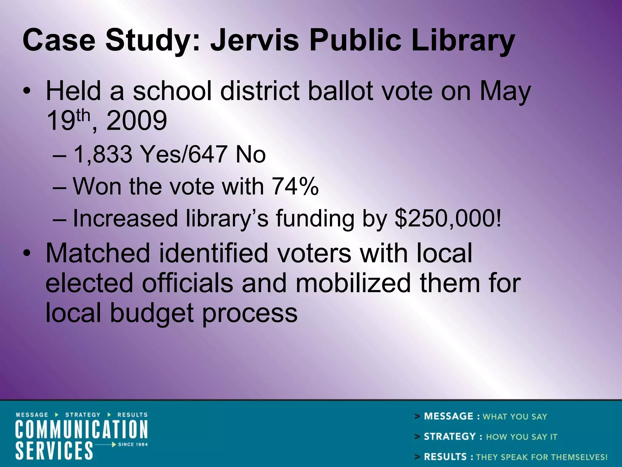 Case Study: Jervis Public Library
• Held a school district ballot vote on May
  19th, 2009
  – 1,833 Yes/647 No
  – Won the vote with 74%
  – Increased library’s funding by $250,000!
• Matched identified voters with local
  elected officials and mobilized them for
  local budget process
 