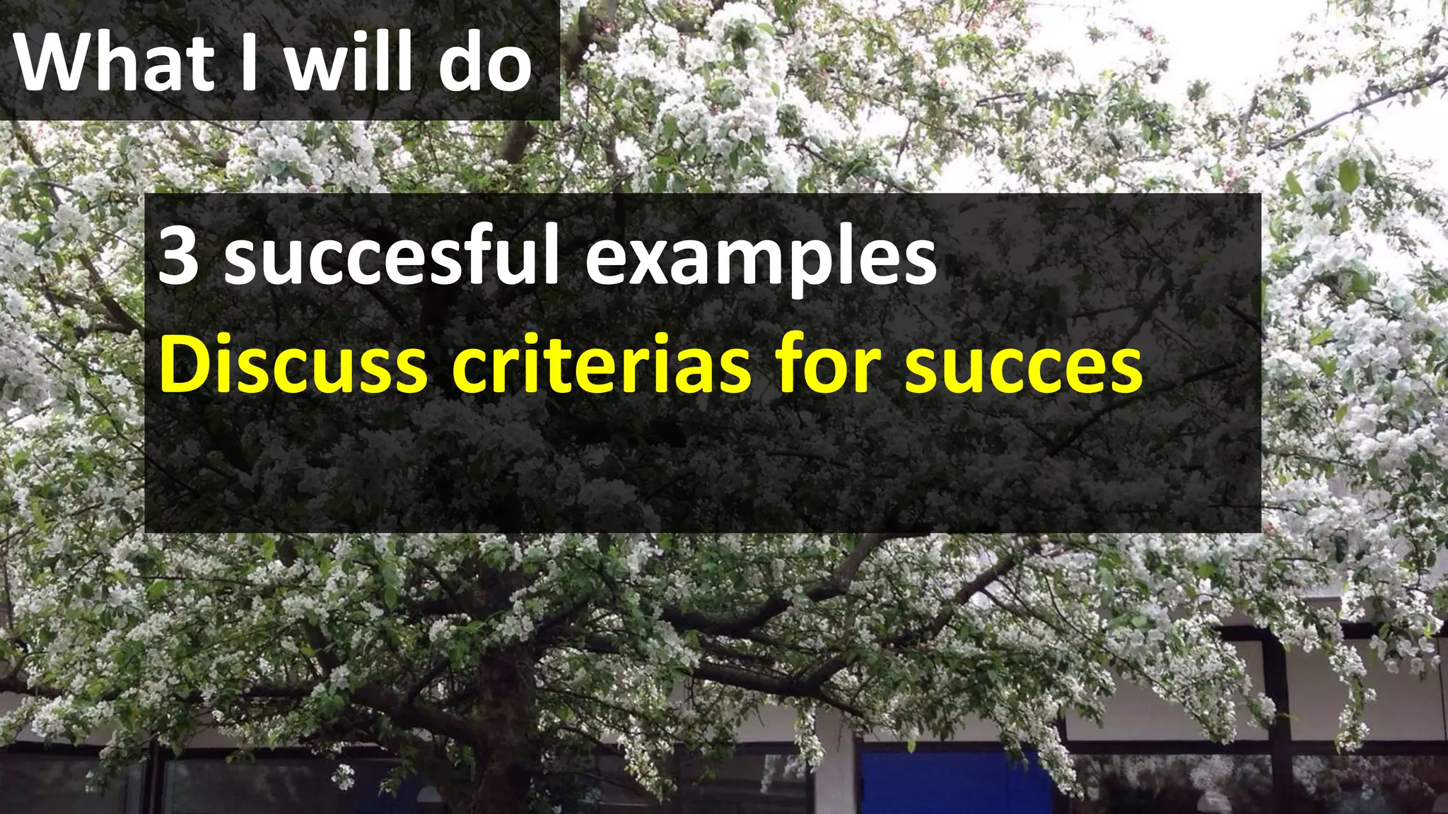 What I will do
3 succesful examples
Discuss criterias for succes
 