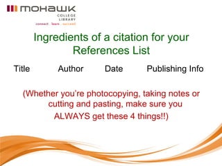 Ingredients of a citation for your
                References List
Title        Author    Date      Publishing Info

  (Whether you’re photocopying, taking notes or
        cutting and pasting, make sure you
         ALWAYS get these 4 things!!)
 