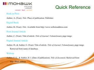 Quick Reference
Book in Print
Author, A. (Year). Title. Place of publication: Publisher.

Digital Book
Author, B. (Year). Title. Available from http://www.websiteaddress.com

Print Journal Article
Author, C. (Year). Title of article. Title of Journal. Volume(issue), page range.

Digital Journal Article
Author, D., & Author, E. (Year). Title of article. Title of Journal, Volume(issue), page range.
    Retrieved from name of database.

Website
Author, F. G., & Author, H. I. (Date of publication). Title of document. Retrieved from
    http://Web address
 