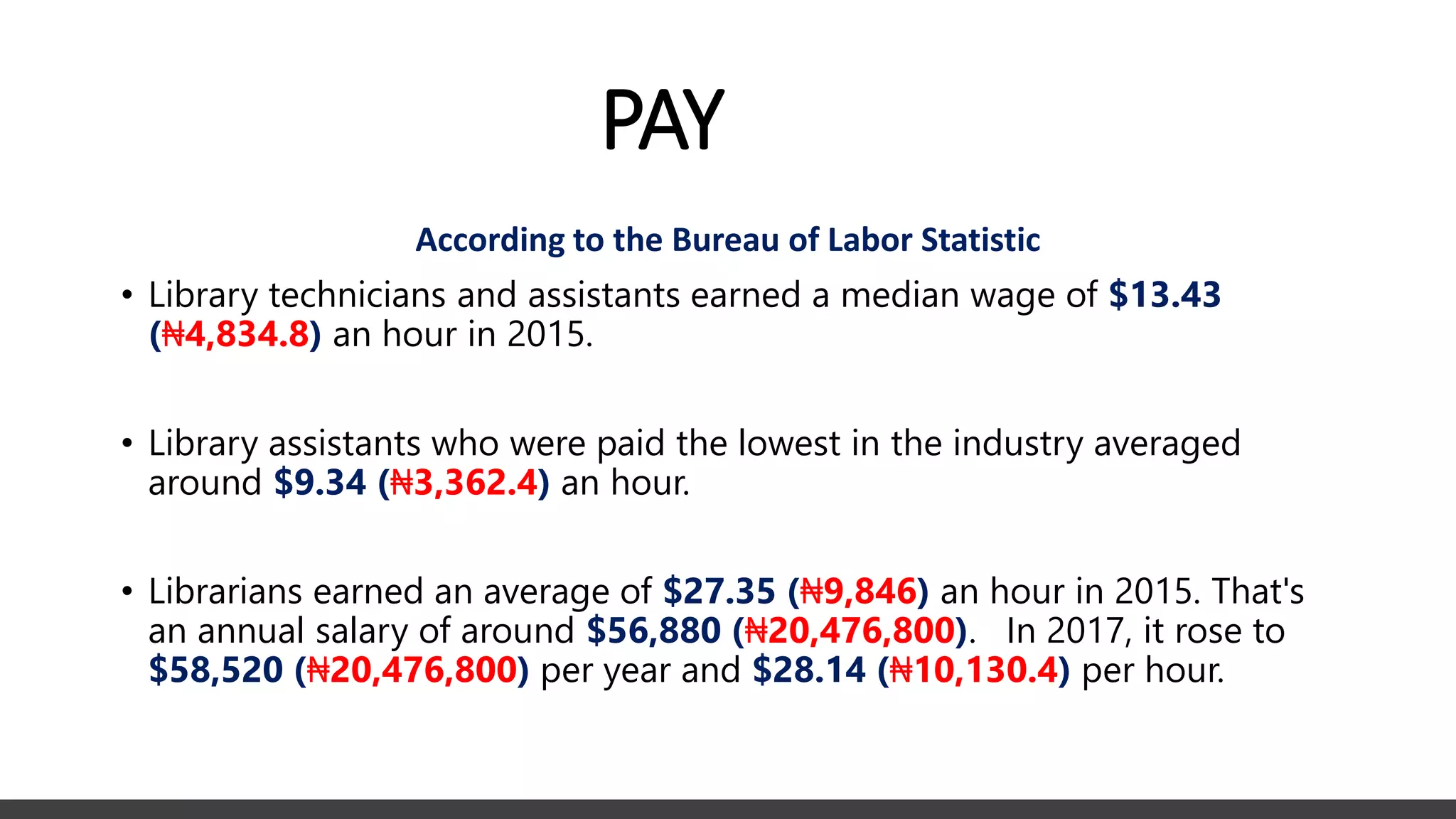PAY
According to the Bureau of Labor Statistic
• Library technicians and assistants earned a median wage of $13.43
(₦4,834.8) an hour in 2015.
• Library assistants who were paid the lowest in the industry averaged
around $9.34 (₦3,362.4) an hour.
• Librarians earned an average of $27.35 (₦9,846) an hour in 2015. That's
an annual salary of around $56,880 (₦20,476,800). In 2017, it rose to
$58,520 (₦20,476,800) per year and $28.14 (₦10,130.4) per hour.
 