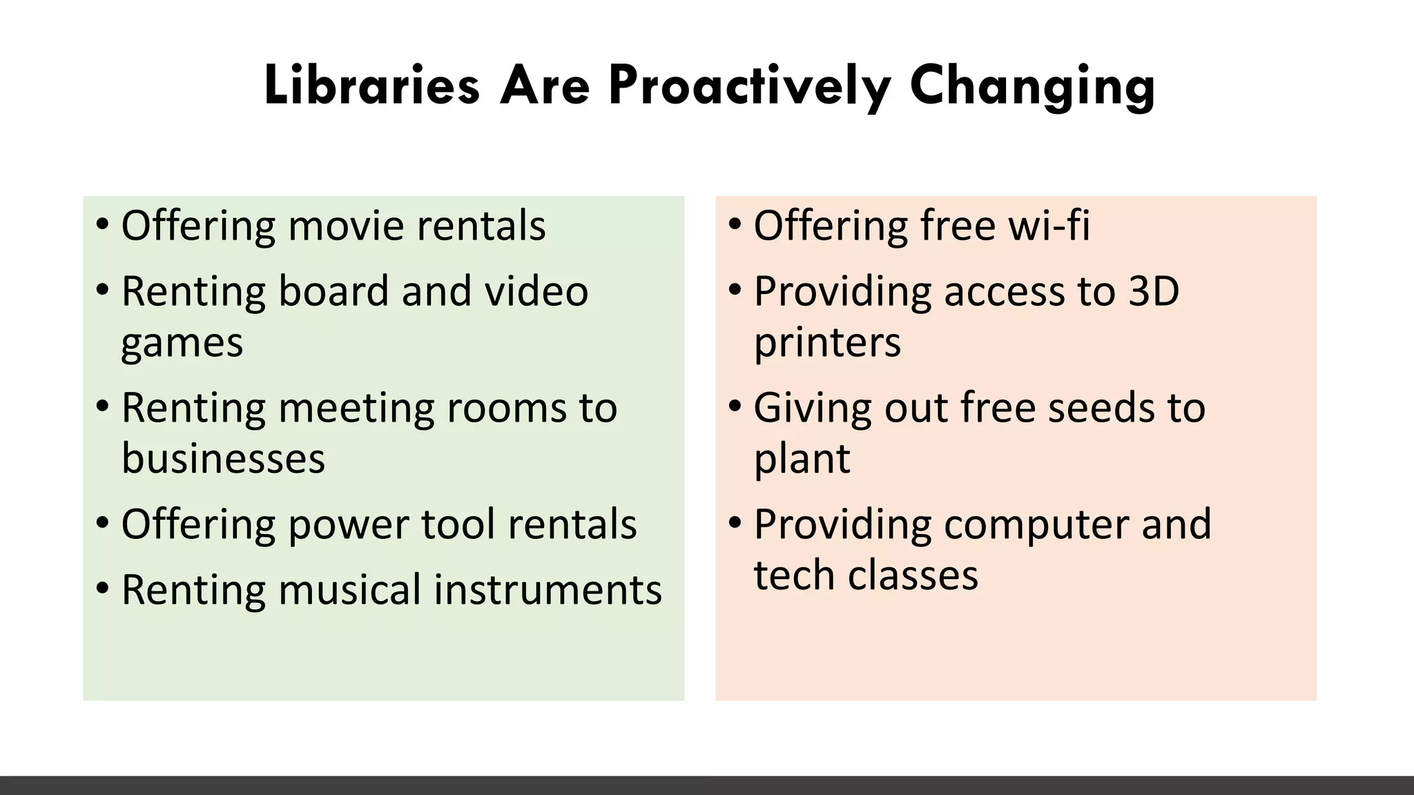 Libraries Are Proactively Changing
• Offering movie rentals
• Renting board and video
games
• Renting meeting rooms to
businesses
• Offering power tool rentals
• Renting musical instruments
• Offering free wi-fi
• Providing access to 3D
printers
• Giving out free seeds to
plant
• Providing computer and
tech classes
 