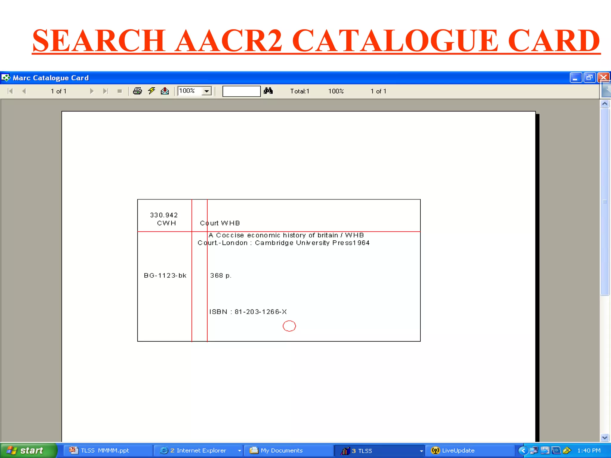 SEARCH AACR2 CATALOGUE CARD
 