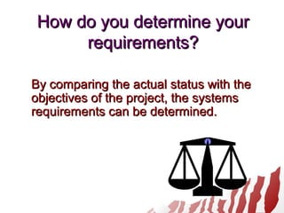 How do you determine yourHow do you determine your
requirements?requirements?
By comparing the actual status with theBy comparing the actual status with the
objectives of the project, the systemsobjectives of the project, the systems
requirements can be determined.requirements can be determined.
 