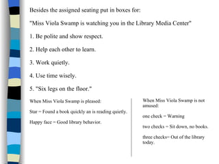 Besides the assigned seating put in boxes for:  "Miss Viola Swamp is watching you in the Library Media Center" 1. Be polite and show respect. 2. Help each other to learn. 3. Work quietly. 4. Use time wisely. 5. "Six legs on the floor."  When Miss Viola Swamp is pleased: Star = Found a book quickly an is reading quietly. Happy face = Good library behavior.  When Miss Viola Swamp is not amused: one check = Warning two checks = Sit down, no books. three checks= Out of the library today.   