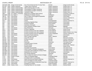 COUNCIL LIBRARY                                                            MASTER BOOK LIST                                                      PG 25   07/11/10
635.9338   ORE   Oregon Orchid Society      Your First Orchids And How To Grow Them        Orchids               Oregon Orchid Society
631.875    ORG   Organic Gardening           Organic Way to Mulching                       Organic Gardening     Rodale Press, Inc.
635.95     ORG   Organic Gardening Mag.      Best Gardening Ideas For 80's                 Organic Gardening     Rodale Press, Inc.
635.95     ORG   Organic Gardening Mag.      Encyclopedia Of Organic Gardening             Organic Gardening     Rodale Press, Inc.
635.95     ORG   Organic Gardening Mag.      Encyclopedia Of Organic Gardening             Organic Gardening     Rodale Press, Inc.
635.95     ORG   Organic Gardening Mag.      Gardener's Helper                             Organic Gardening     Rodale Press, Inc.
589.2      ORR   Orr, Robert T. & Dorothy   Mushrooms of Western North America             Fungi                 University of California
635.9676   ORR   Orr, Robert T.             Wildflowers Of Western America                 Wildflowers           Galahad Books
595.78     ORT   Ortho Books                How To Attract Hummingbirds & Butterflies      Butterflies           Ortho Books
631.542    ORT   Ortho Books                All About Pruning                              Pruning               Chevron Chemical Co.
631.542    ORT   Ortho Books                All About Pruning                              Pruning               Ortho Books
632.7      ORT   Ortho Books                Insects                                        Insects/Diseases      Chevron Chemical Co.
632.7      ORT   Ortho Books                Controlling Vegetable Pests                    Insects/Diseases      Ortho Books
635        ORT   Ortho Books                All About Tomatoes                             Food Gardens          Ortho Books
635        ORT   Ortho Books                Gardening Techniques                           Gardening             Ortho Books
635        ORT   Ortho                      Home Gardener's Problem Solver                 Insects/Diseases      Meredith
635        ORT   Ortho Books                Easy Maintenance                               Xeriscape             The Solaris Group
635.1      ORT   Ortho Books                All About Vegetables                           Food Gardens          Solaris Group
635.6      ORT   Ortho                      All About Growing Fruits, Nuts, & Berries      Fruits & Berries      Solaris Group
635.6      ORT   Ortho                      All About Growing Fruits, Nuts, & Berries      Fruits & Berries      Solaris Group (In Libr. Only)
635.6      ORT   Ortho Books                All About Growing Fruits And Vegetables        Fruits & Vegetables   Chevron Chemical Co.
635.9      ORT   Ortho Books                Successful Flower Gardening                    Flowers               Ortho Books
635.9      ORT   Ortho                      Plans For Beds & Borders                       Plants - Selection    Meredith
635.93     ORT   Ortho Books                Color With Annuals                             Annuals               Monsanto Company
635.931    ORT   Ortho Books                All About Annuals                              Annuals               Chevron Chemical Co.
635.931    ORT   Ortho Books                Annuals                                        Annuals               Meredith Corporation
635.932    ORT   Ortho Books                Perennials                                     Perennials            The Solaris Group
635.9338   ORT   Ortho                      Complete Guide to Orchids                      Orchids               Meredith Books
635.9339   ORT   Ortho Books                All About Roses                                Roses                 Ortho Books - National
635.9339   ORT   Ortho Books                Enjoying Roses                                 Roses                 Solaris Group
635.965    ORT   Ortho Books                Houseplant Encyclopedia                        House Plants          The Solaris Group
635.965    ORT   Ortho Books                Ortho's Guide To Sucessful Houseplants         House Plants          The Solaris Group
635.9676   ORT   Ortho Books                Landscaping With Wildflowers & Native Plants   Wildflowers           The Solaris Group
635.9677   ORT   Ortho Books                Gardening In Dry Climates                      SW Gardening          Ortho Books
635.9677   ORT   Ortho Books                Dry Climate Gardening                          Xeriscape             Meredith
635.976    ORT   Ortho Books                How To Select And Care For Shrubs & Hedges     Shrubs                Chevron Chemical Co.
712.2      ORT   Ortloff, H. Stuart          Book Of Landscape Design                      Landscape Design      Barrows
712.6      ORT   Ortho                      Complete Guide To Landscaping                  Landscaping           Meredith
712.62     ORT   Ortho Books                Award Winning Small Space Gardening            Gardens - Small       Chevron Chemical Co.
712.62     ORT   Ortloff, H. Stuart         Color And Design For Every Garden              Landscape Design      Barrows
712.62     ORT   Ortho Gooks                Do-It-Yourself Garden Construction Know-How    Landscape Design      Chevron Chemical Co.
745.92     ORT   Ortho Books                Arranging Cut Flowers                          Flower Arranging      Robert L. Iacopi
635.9      OSB   Osborn, Anna               Flowering Plants For Your Garden               Plants - Selection    Murdock Books
 