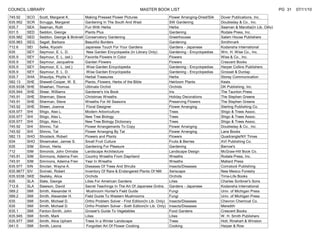 COUNCIL LIBRARY                                                                MASTER BOOK LIST                                                                  PG 31   07/11/10
745.92     SCO   Scott, Margaret K.          Making Pressed Flower Pictures                       Flower Arranging-Dried/Silk   Dover Publications, Inc.
635.952    SCR   Scruggs, Margaret           Gardening In The South And West                      SW Gardening                  Doubleday & Co., Inc.
635.7      SEA   Seaman, Ruth                Fun With Herbs                                       Herbs                         Seaman & Marotta(In Lib. Only)
631.5      SED   Seddon, George              Plants Plus                                          Gardening                     Rodale Press, Inc.
635.982    SED   Seddon, George & Bicknell   Conservatory Gardening                               Greenhouses                   Salem House Publishers
635.963    SEG   Segall, Barbara             Beautiful Borders                                    Gardening                     Smithmark
712.6      SEI   Seike, Kiyoshi              Japanese Touch For Your Gardens                      Gardens - Japanese            Kodansha International
635        SEY   Seymour, E. L. D.            New Garden Encyclopedia (In Library Only)           Gardening - Encyclopedias     Wm. H. Wise Co., Inc.
635.9      SEY   Seymour, E. L. (ed.)        Favorite Flowers In Color                            Flowers                       Wise & Co., Inc.
635.9      SEY   Seymour, Jacqueline         Garden Flowers                                       Flowers                       Crescent Books
635.9      SEY   Seymour, E. L. (ed.)         Wise Garden Encyclopedia                            Gardening - Encyclopedias     Harper Collins Publishers
635.9      SEY   Seymour, E. L. D.            Wise Garden Encyclopedia                            Gardening - Encyclopedias     Grosset & Dunlap
635.7      SHA   Shaudys, Phyllis V.         Herbal Treasures                                     Herbs                         Storey Communication
582.13     SHE   Shewell-Cooper, W. E.       Plants, Flowers, Herbs of the Bible                  Heirloom Plants               Keats
635.9338   SHE   Sheehan, Thomas             Ultimate Orchid                                      Orchids                       DK Publishing, Inc.
635.944    SHE   Shear, Williams             Gardener's Iris Book                                 Iris                          The Taunton Press
745.91     SHE   Sherman, Steve              Christmas Wreaths                                    Holiday Decorations           The Stephen Greene
745.91     SHE   Sherman, Steve              Wreaths For All Seasons                              Preserving Flowers            The Stephen Greene
745.92     SHE   Sheen, Joanna                Floral Designer                                     Flower Arranging              Sterling Publishing Co.
635.977    SHI   Shigo, Alex L.              Modern Arboriculture                                 Trees                         Shigo & Trees Assoc.
635.977    SHI   Shigo, Alex L.              New Tree Biology                                     Trees                         Shigo & Trees Assoc.
635.977    SHI   Shigo, Alex L.              New Tree Biology Dictionary                          Trees                         Shigo & Trees Assoc.
745.92     SHI   Shinno, Tat                 Flower Arrangements To Copy                          Flower Arranging              Doubleday & Co., Inc.
745.92     SHI   Shinno, Tat                 Flower Arranging By Tat                              Flower Arranging              Lane Books
582.13     SHO   Shosteck, Robert            Flowers and Plants                                   Flowers                       Quadrangle/NY Times
634        SHO   Shoemaker, James S.         Small Fruit Culture                                  Fruits & Berries              AVI Publishing Co.
635        SIM   Simon, Herta                Gardening For Pleasure                               Gardening                     Barrow's
712        SIM   Simonds, John Ormsbe        Landscape Architecture                               Landscape Design              McGraw-Hill Book Co.
745.91     SIM   Simmons, Adeima Fren        Country Wreaths From Dapriland                       Wreaths                       Rodale Press, Inc.
745.91     SIM   Simmons, Adeima Fren        Year In Wreaths                                      Wreaths                       Mallard Press
635.977    SIN   Sinclair, Wayne A.          Diseases Of Trees And Shrubs                         Insects/Diseases              Comstock Publishing
635.9677   SIV   Sivinski, Robert            Inventory Of Rare & Endangered Plants Of NM          Xeriscape                     New Mexico Forestry
635.9338   SKE   Skelsky, Alice              Orchids                                              Orchids                       Time-Life Books
635        SLA   Slate, George               Lilies For American Gardens                          Lilies                        Charles Scribner's Sons
712.6      SLA   Slawson, David              Secret Teachings In The Art Of Japanese Grdns.       Gardens - Japanese            Kodansha International
589.2      SMI   Smith, Alexander H.          Mushroom Hunter's Field Guide                       Fungi                         Univ. of Michigan Press
589.2      SMI   Smith, Alexander H.         Field Guide To Western Mushrooms                     Fungi                         Univ. of Michigan Press
635        SMI   Smith, Michael D.           Ortho Problem Solver - First Edition(In Lib. Only)   Insects/Diseases              Chevron Chemical Co.
635        SMI   Smith, Michael D.           Ortho Problem Solver - Sixth Edition(In Lib. Only)   Insects/Diseases              Meredith
635.1      SMI   Fenton-Smith, John          Grower's Guide To Vegetables                         Food Gardens                  Crescent Books
635.945    SMI   Smith, Mark                 Lilies                                               Lilies                        W. H. Smith Publishers
635.977    SMI   Smith, Alice Upham          Trees In a Winter Landscape                          Trees                         Holt, Rinehart & Winston
641.5      SMI   Smith, Leona                 Forgotten Art Of Flower Cooking                     Cooking                       Harper & Row
 