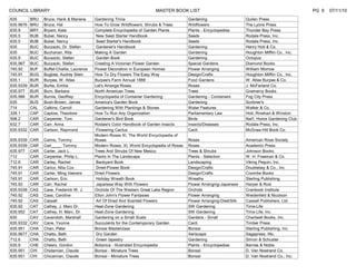 COUNCIL LIBRARY                                                            MASTER BOOK LIST                                                           PG 6   07/11/10
635        BRU   Bruce, Hank & Mariene      Gardening Trivia                                Gardening                    Quilan Press
635.9676   BRU   Bruce, Hal                 How To Grow Wildflowers, Shrubs & Trees         Wildflowers                  The Lyons Press
635.9      BRY   Bryant, Kate               Complete Encyclopedia of Garden Plants          Plants - Encyclopedias       Thunder Bay Press
635.5      BUB   Bubel, Nancy                New Seed Starter Handbook                      Seeds                        Rodale Press, Inc.
635.5      BUB   Bubel, Nancy                Seed Starter's Handbook                        Seeds                        Rodale Press, Inc.
635        BUC   Buczacki, Dr. Stefan        Gardener's Handbook                            Gardening                    Henry Holt & Co.
635        BUC   Buchanan, Rita             Making A Garden                                 Gardening                    Houghton Mifflin Co., Inc.
635.9      BUC   Bucazcki, Stefan            Garden Book                                    Gardening                    Octupus
635.967    BUC   Buczacki, Stefan           Creating A Victorian Flower Garden              Special Gardens              Diamond Books
745.92     BUF   Buffet-Challie, Laurence   Flower Decoration in European Homes             Flower Arranging             William Morrow
745.91     BUG   Bugbee, Audrey Stein       How To Dry Flowers The Easy Way                 Design/Crafts                Houghton Mifflin Co., Inc.
635.1      BUR   Burpee, W. Atlee           Burpee's Farm Annual 1888                       Food Gardens                 W. Atlee Burpee & Co.
635.9339   BUR   Burke, Emilia              Let's Arrange Roses                             Roses                        J. McFarland Co.
635.977    BUR   Burn, Barbara              North American Trees                            Trees                        Gramercy Books
635.986    BUR   Burnie, Geoffrey           Encyclopedia of Container Gardening             Gardening - Containers       Fog City Press
635        BUS   Bush-Brown, James          America's Garden Book                           Gardening                    Scribner's
714        CAL   Calkins, Carroll           Gardening With Plantings & Stones               Water Features               Walker & Co.
328.1      CAP   Caplow, Theodore           How To Run Any Organization                     Parliamentary Law            Holt, Rinehart & Winston
598.2      CAR   Carpenter, Tom             Gardener's Bird Book                            Birds                        Nat'l. Home Gardening Club
632.7      CAR   Carr, Anna                 Rodale's Color Handbook of Garden Insects       Insects/Diseases             Rodale Press, Inc.
635.9332   CAR   Carlson, Raymond            Flowering Cactus                               Cacti                        McGraw-Hill Book Co.
                                            Modern Roses XI, The World Encyclopedia of
635.9339   CAR   Carins, Tommy              Roses                                           Roses                        American Rose Society
635.9339   CAR   Cari____, Tommy            Modern Roses, XI, World Encyclopedia of Roses   Roses                        Academic Press
635.977    CAR   Carter, Jack L.            Trees And Shrubs Of New Mexico                  Trees & Shrubs               Johnson Books
712        CAR   Carpenter, Philip L.       Plants In The Landscape                         Plants - Selection           W. H. Freeman & Co.
712.6      CAR   Carley, Rachel              Backyard Book                                  Landscaping                  Viking Pequin, Inc.
745.91     CAR   Carico, Nita Cox            Dried-Flower Book                              Design/Crafts                Doubleday & Co., Inc.
745.91     CAR   Carter, Ming Veevers       Dried Flowers                                   Design/Crafts                Coombe Books
745.91     CAR   Carlson, Eric               Holiday Wreath Book                            Wreaths                      Sterling Publishing
745.92     CAR   Carr, Rachel                Japanese Way With Flowers                      Flower Arranging-Japanese    Harper & Row
635.9338   CAS   Case, Frederick W. J.      Orchids Of The Western Great Lake Region        Orchids                      Cranbook Institute
745.92     CAS   Cass, Caroline             Elton John's Flower Fantasies                   Flower Arranging             Weidenfeld & Nicolson
745.92     CAS   Cassell                     Art Of Dried And Scented Flowers               Flower Arranging-Died/Silk   Cassell Publishers, Ltd.
635.92     CAT   Cathey, J. Marc Dr.        Heat-Zone Gardening                             SW Gardening                 Time-Life
635.952    CAT   Cathey, H. Marc. Dr.       Heat-Zone Gardening                             SW Gardening                 Time Life, Inc.
635        CAV   Cavendish, Marshall        Gardening on a Small Scale                      Gardens - Small              Chartwell Books, Inc.
635.9332   CAV   Cane, Yvonne               Succulents for the Contemporary Garden          Cacti                        Timber Press
635.951    CHA   Chan, Peter                Bonsai Masterclass                              Bonsai                       Sterling Publishing, Inc.
635.9677   CHA   Chatto, Beth                Dry Garden                                     Xeriscape                    Sagapress, INc.
712.6      CHA   Chatto, Beth                Green tapestry                                 Gardening                    Simon & Schuster
635.9      CHE   Cheers, Gordon             Botanica - Illustrated Encyclopedia             Plants - Encyclopedias       Barnes & Noble
635.951    CHI   Chidamian, Claude          Bonsai - Minature Trees                         Bonsai                       D. Van Nostrand Co.
635.951    CHI   Chicamian, Claude          Bonsai - Miniature Trees                        Bonsai                       D. Van Nostrand Co., Inc.
 