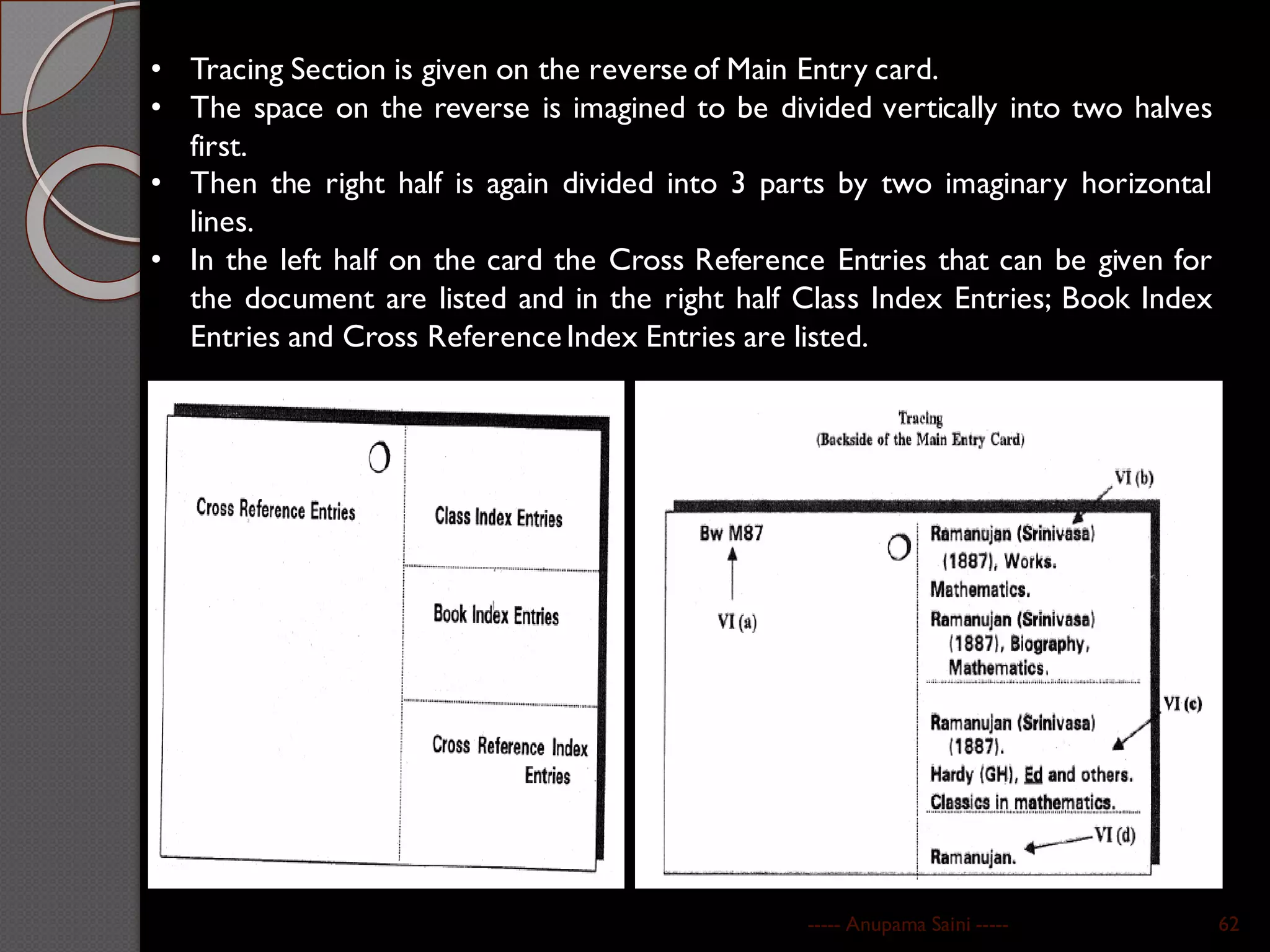 ----- Anupama Saini ----- 62
• Tracing Section is given on the reverse of Main Entry card.
• The space on the reverse is imagined to be divided vertically into two halves
first.
• Then the right half is again divided into 3 parts by two imaginary horizontal
lines.
• In the left half on the card the Cross Reference Entries that can be given for
the document are listed and in the right half Class Index Entries; Book Index
Entries and Cross ReferenceIndex Entries are listed.
 