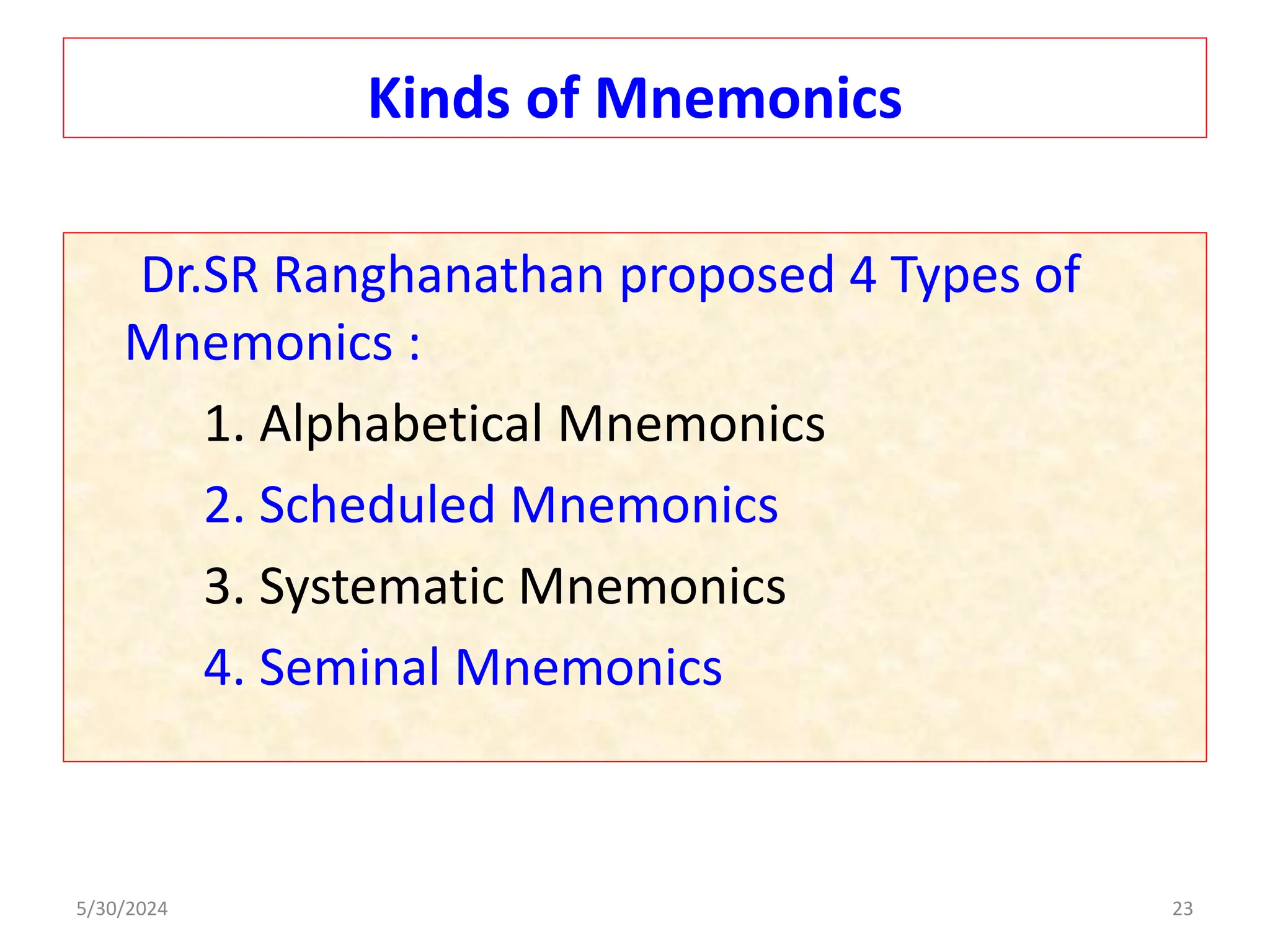 Kinds of Mnemonics
Dr.SR Ranghanathan proposed 4 Types of
Mnemonics :
1. Alphabetical Mnemonics
2. Scheduled Mnemonics
3. Systematic Mnemonics
4. Seminal Mnemonics
5/30/2024 23
 