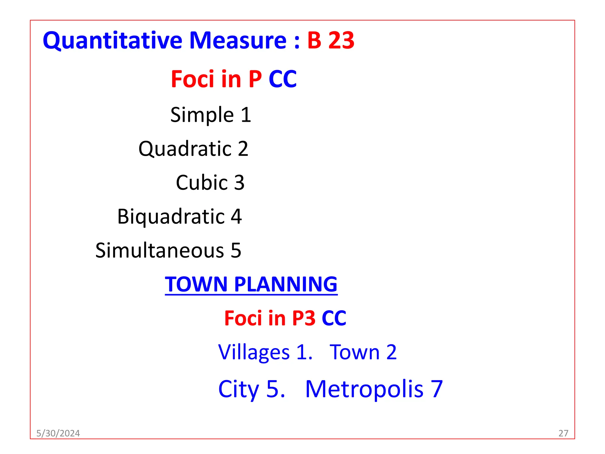 Quantitative Measure : B 23
Foci in P CC
Simple 1
Quadratic 2
Cubic 3
Biquadratic 4
Simultaneous 5
TOWN PLANNING
Foci in P3 CC
Villages 1. Town 2
City 5. Metropolis 7
5/30/2024 27
 