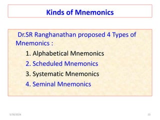 Kinds of Mnemonics
Dr.SR Ranghanathan proposed 4 Types of
Mnemonics :
1. Alphabetical Mnemonics
2. Scheduled Mnemonics
3. Systematic Mnemonics
4. Seminal Mnemonics
5/30/2024 23
 
