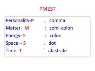 PMEST
Personality-P , comma
Matter- M ; semi-colon
Energy- E : colon
Space – S . dot
Time -T ` afastrafe
 