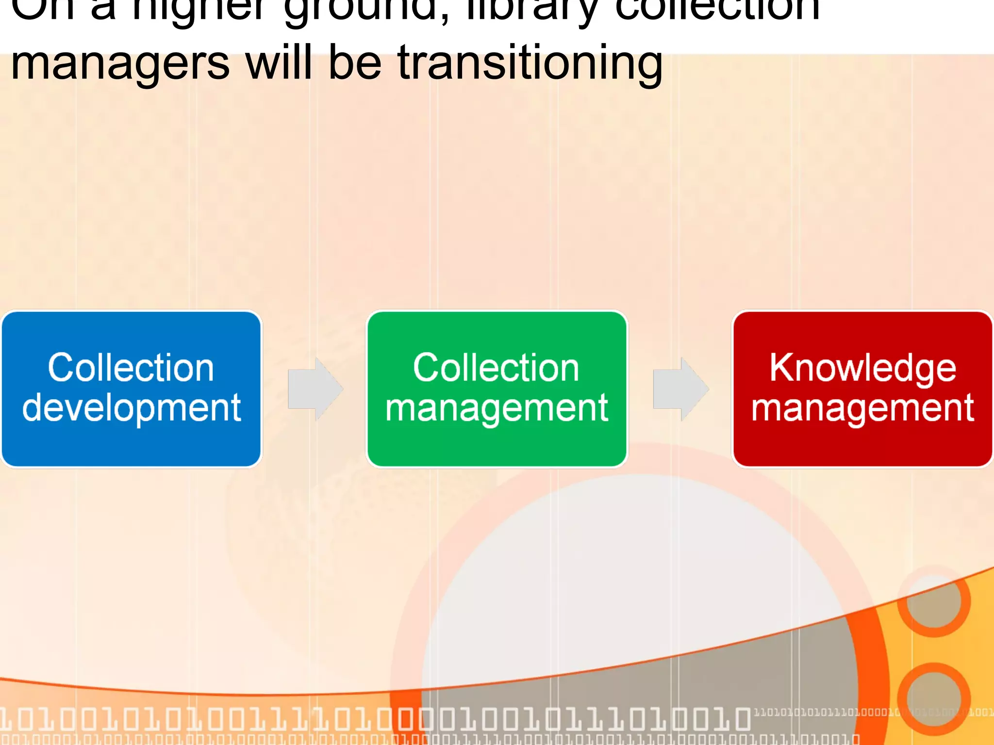 On a higher ground, library collection
managers will be transitioning
 