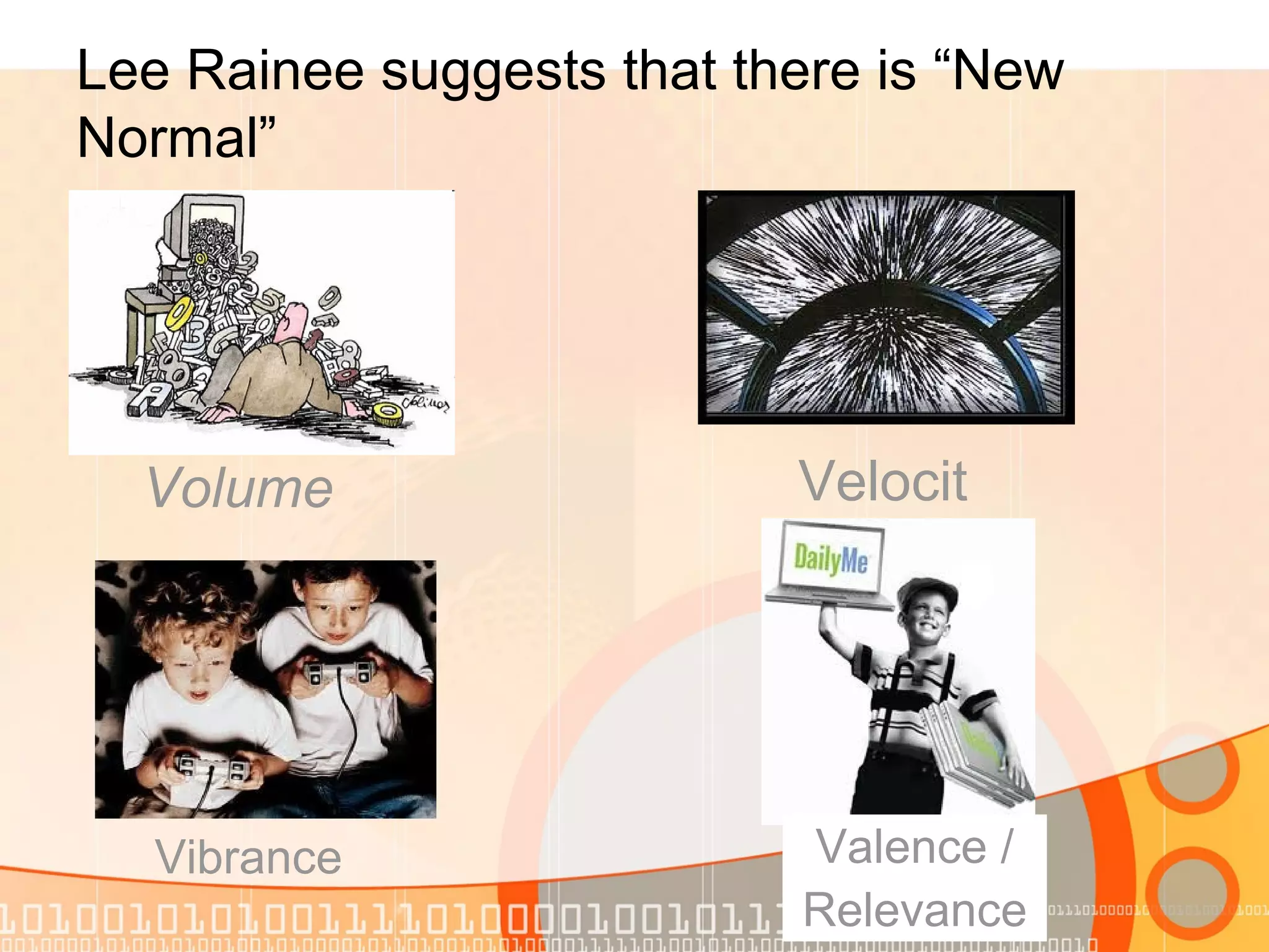 Volume Velocit
y
Vibrance Valence /
Relevance
Lee Rainee suggests that there is “New
Normal”
 
