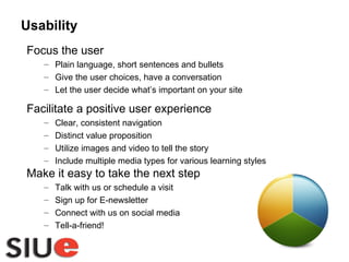 Focus the user Plain language, short sentences and bullets Give the user choices, have a conversation  Let the user decide what’s important on your site Facilitate a positive user experience Clear, consistent navigation Distinct value proposition Utilize images and video to tell the story Include multiple media types for various learning styles Make it easy to take the next step Talk with us or schedule a visit Sign up for E-newsletter Connect with us on social media Tell-a-friend! Usability 
