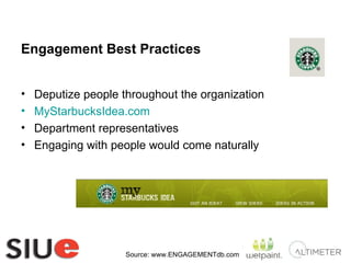 Engagement Best Practices Deputize people throughout the organization MyStarbucksIdea.com Department representatives Engaging with people would come naturally Source: www.ENGAGEMENTdb.com 