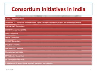 Consortium Initiatives in India 
J-Gate / JCCC Consortium 
INDEST AICTE Consortium (Indian National Digital Library in Engineering Science and Technology) MHRD 
UGC INFONET Consortium 
CSIR-DST Consortium (NKRC) 
IIMs’ Consortium 
FORSA Consortium 
HELINET Consortium 
UGC-DAE Consortia 
ISRO LIBRARY Consortia 
ICICI KNOWLEDGE PARK 
TIFR Libraries Consortium 
ISI Library Consortia Deals 
STI NETWORK FOR RESOURCE SHARING AMONGST S&T LIBRARIES 
8/30/2014 11 
 