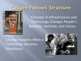 Culture Follows Structure
                         Changes in Infrastructure and
                         Technology Changes People’s
                        Behavior, Attitudes and Values.

Paul Keleher (Flickr)


    Change Happens When a
    Technology Becomes
    Ubiquitous.

                                   g-hat (Flickr)
 