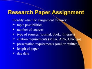 Research Paper Assignment
 Identify what the assignment requires:
  topic possibilities
  number of sources
  type of sources (journal, book, Internet)
  citation requirements (MLA, APA, Chicago)
  presentation requirements (oral or written)
  length of paper
  due date
 