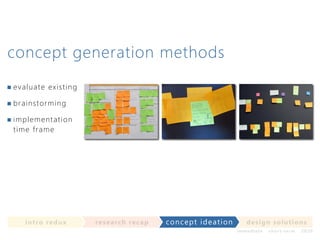concept generation methods
ev a l ua t e e xi sti n g
b r a i ns t o rmi n g
imp l eme n ta ti o n
time f ra m e

in t ro re dux

re se a rc h re c a p

c on c ep t ideatio n

d e s ig n s o lut io ns
im m e diate

shor t- te r m

2020

 