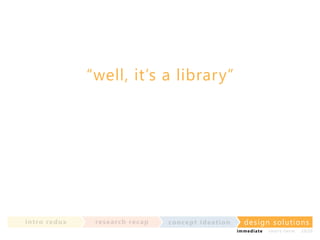 “well, it’s a library”

in t ro re dux

re se a rc h re c a p

co nce p t id e a t io n

design solu t io n s
im m e diate

shor t- te r m

2020

 