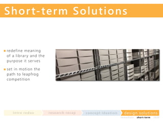 Sh or t-te r m Solutions

red ef i ne me a n i n g
of a l i b r a r y a n d th e
p ur p o s e i t se r ve s
s et i n m o t i o n t h e
p a t h t o l e a p f ro g
co m p et i ti o n

in t ro re dux

re se a rc h re c a p

co nce p t id e a t io n

design solu t io n s
im m e diate

shor t- te r m

2020

 