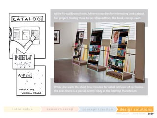 At the Virtual Browse kiosk, Minerva searches for interesting books about
her project, finding three to be retrieved from the book storage vault.

While she waits the short few minutes for robot retrieval of her books,
she sees there is a special event Friday at the Rooftop Planetarium.

in t ro re dux

re se a rc h re c a p

co nce p t id e a t io n

design solu t io n s
im m e diate

shor t- te r m

2020

 