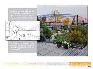 Minerva felt the meeting was
a successful collaboration, but
she needs a breather, so she
decides to head to the rooftop.

She takes a leisurely stroll
through the garden and grabs
a refreshing green tea from the
rooftop cafe.

in t ro re dux

re se a rc h re c a p

co nce p t id e a t io n

design solu t io n s
im m e diate

shor t- te r m

2020

 