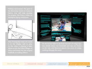 Feeling rejuvenated, she goes to
the Discovery Center to research
fabrics that will help develop
her project. She finds a video on
aboriginal dying techniques.

After finding the video she sends
it to the display wall to play.
As the video is playing it takes
Minerva into the tribal villages of
Africa and shows her the original
methods of making fabrics.

in t ro re dux

As the woven fabric is dunked into vats of indigo dye,
key details about the materials and dye are shown
to the side, and Minerva detects the scent of indigo
wafting through the room.

re se a rc h re c a p

co nce p t id e a t io n

design solu t io n s
im m e diate

shor t- te r m

2020

 