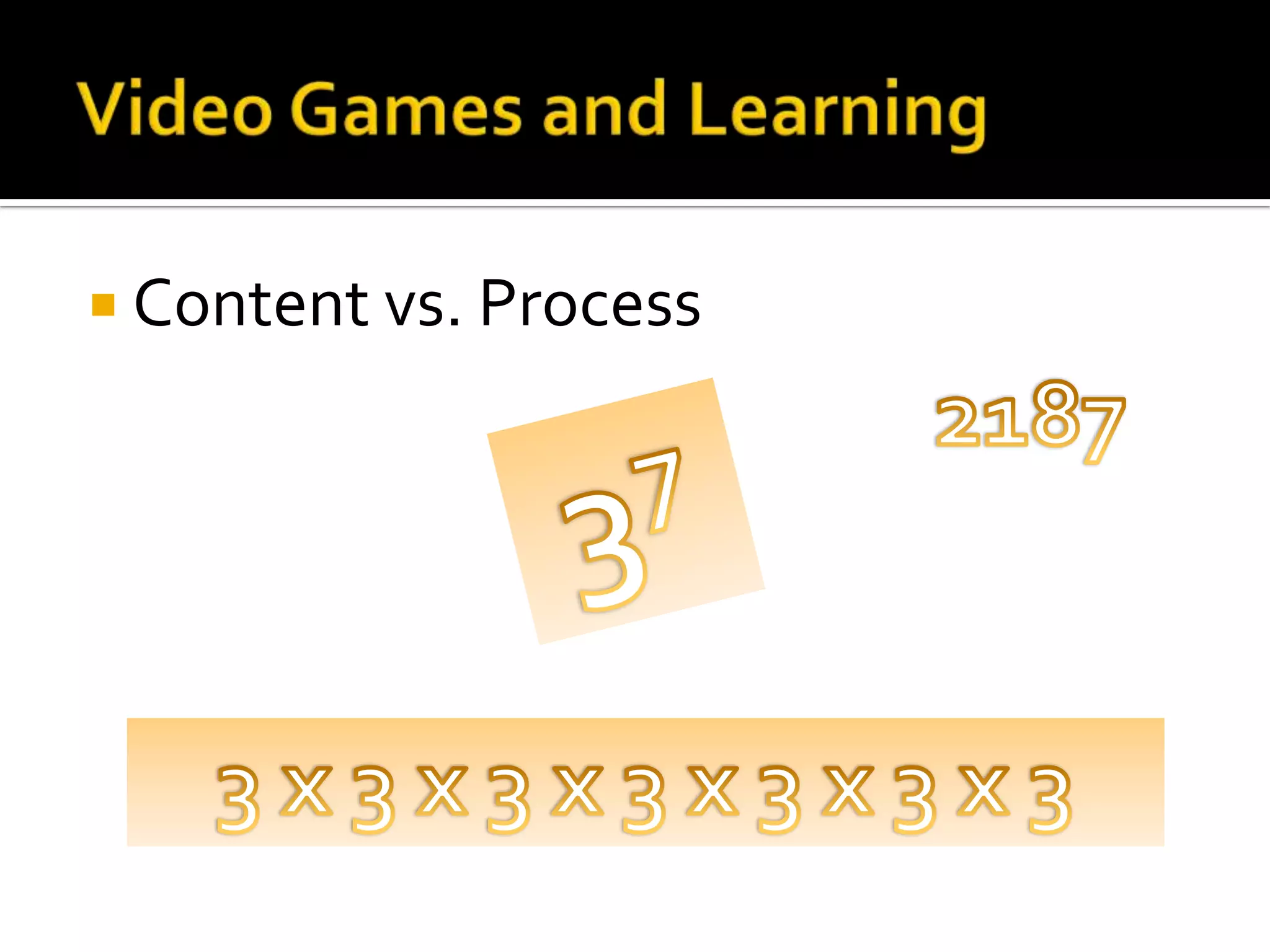 Video Games and LearningContent vs. Process2187373 x 3 x 3 x 3 x 3 x 3 x 3