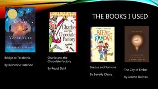 THE BOOKS I USED
Bridge to Terabithia
By Katherine Paterson
Charlie and the
Chocolate Factory
By Roald Dahl Beezus and Ramona
By Beverly Cleary
The City of Ember
By Jeanne DuPrau
 