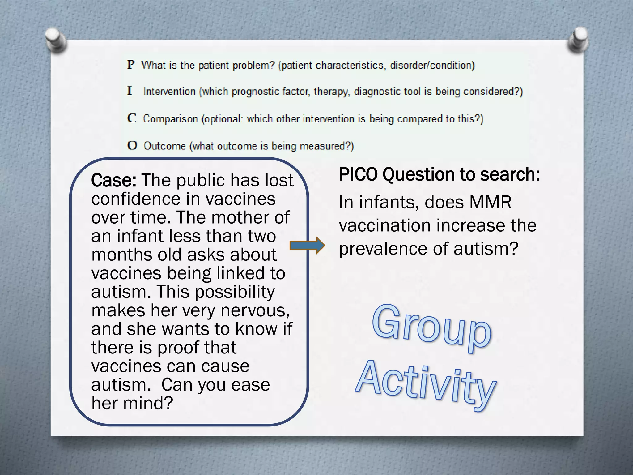 Case: The public has lost
confidence in vaccines
over time. The mother of
an infant less than two
months old asks about
vaccines being linked to
autism. This possibility
makes her very nervous,
and she wants to know if
there is proof that
vaccines can cause
autism. Can you ease
her mind?
PICO Question to search:
In infants, does MMR
vaccination increase the
prevalence of autism?
 