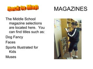 MAGAZINES The Middle School magazine selections are located here.  You can find titles such as: Dog Fancy Faces Sports Illustrated for Kids Muses Back to Map 