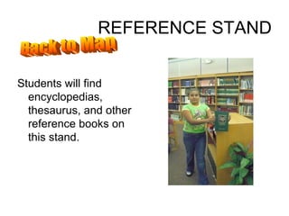 REFERENCE STAND Students will find encyclopedias, thesaurus, and other reference books on this stand. Back to Map 