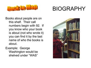 BIOGRAPHY Books about people are on this shelf.  Their call numbers begin with 92.  If you know who your book is about (not who wrote it) you can find it by the last name of who the books is about. Example:  George Washington would be shelved under “WAS” Back to Map 