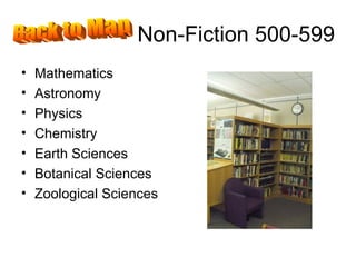 Non-Fiction 500-599 Mathematics Astronomy Physics Chemistry Earth Sciences Botanical Sciences Zoological Sciences Back to Map 