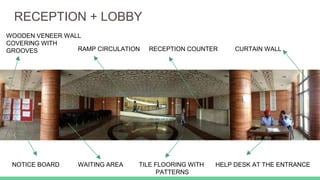RECEPTION + LOBBY
SINGH MEMORIAL LIBRARY
HELP DESK AT THE ENTRANCE
RECEPTION COUNTER
WAITING AREA
RAMP CIRCULATION
NOTICE BOARD
CURTAIN WALL
TILE FLOORING WITH
PATTERNS
WOODEN VENEER WALL
COVERING WITH
GROOVES
 