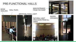PRE-FUNCTIONAL HALLS
MAIN ENTRANCE
FROM THE RAMP
DOORS
OPENINGS
NATURAL LIGHT
PROVISION FROM ALL
SIDES
ARTIFICIAL FOCAL LIGHT
BOOK
SHELVES
WALL TILES
 