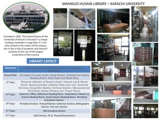 MAHMUD HUSAIN LIBRARY – KARACHI UNIVERSITY
Founded in 1956. The Central library of the
University of Karachi is housed in a unique
building, resembles a huge Ship. It is not
only located in the center of the campus,
but in fact a hub of academic and research
activities of the one of the largest
universities of the country.
LIBRARY LAYOUT
Basement Stack holdings of main collection for Circulation and
Borrowing.
Ground Plan Circulation Counter, Audio Visual Section, Oriental and History
Reading Room, Book Bank and Book Shop
1ST Floor Personal collection of Quaid-e-Azam, Internet Lab & Server
Room, Special (private) collection Data entry hub, Technical
Services, Acquisition Section, Archives Section, Manuscript and
Rare Book Section Bindery and Prayer Room.
2ND Floor Librarians’ Office, Reference Reading Room Dissertation ( Master’s),
Science Reading Room, Social Science Reading Room, Periodical
Acquisition Section.
3RD Floor Periodical Section, Theses/Pakistan Collection Section, Bibliography
Section, Fine Arts Section
4TH Floor Old Periodical Section
5TH Floor UNO Section, Ph.D. Theses/Dissertations
 