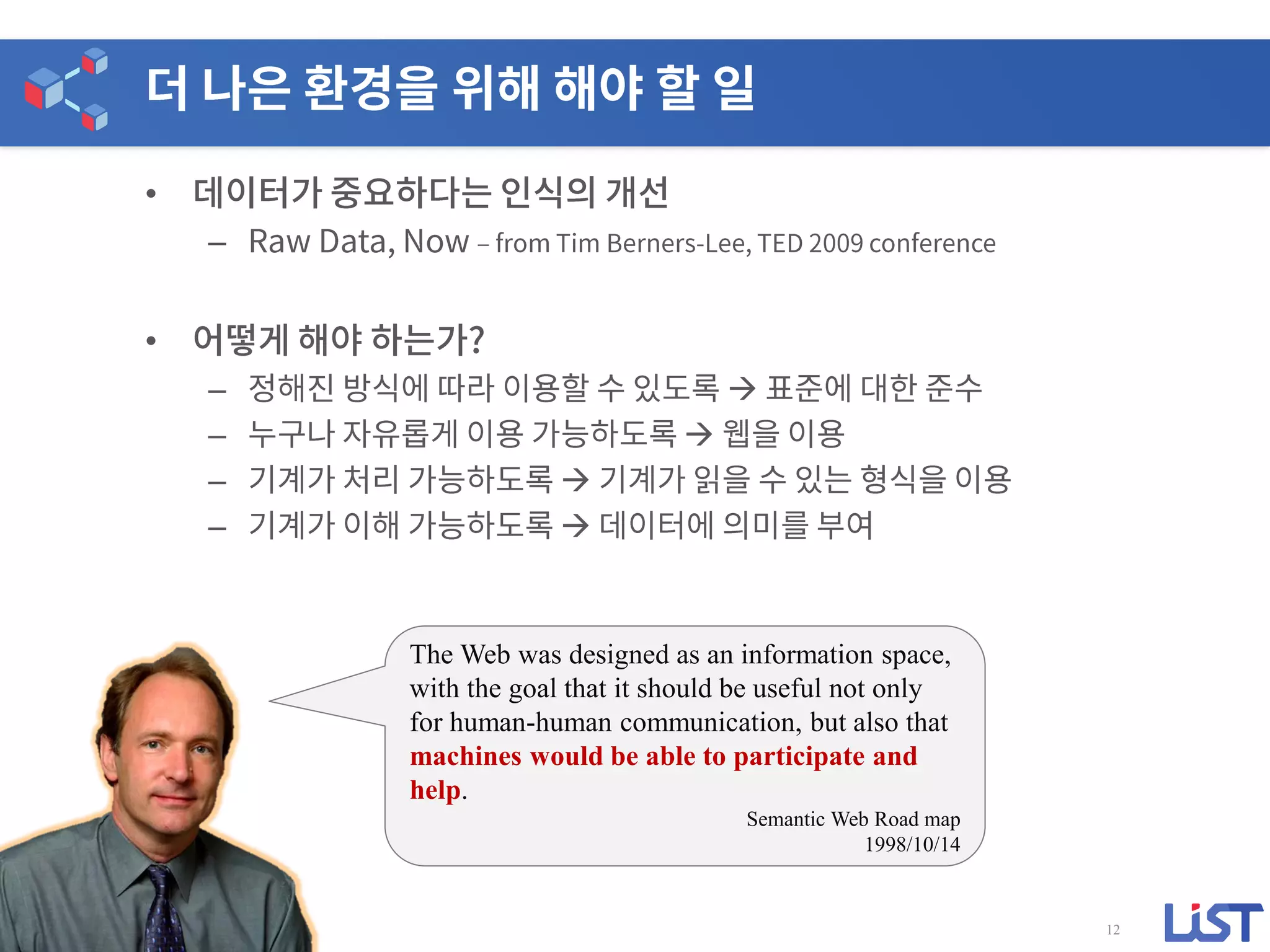•
–
•
– 
– 
– 
– 
The Web was designed as an information space,
with the goal that it should be useful not only
for human-human communication, but also that
machines would be able to participate and
help.
Semantic Web Road map
1998/10/14
12
 