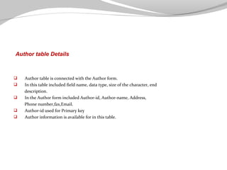 Author table Details







Author table is connected with the Author form.
In this table included field name, data type, size of the character, end
description.
In the Author form included Author-id, Author-name, Address,
Phone number,fax,Email.
Author-id used for Primary key
Author information is available for in this table.

 