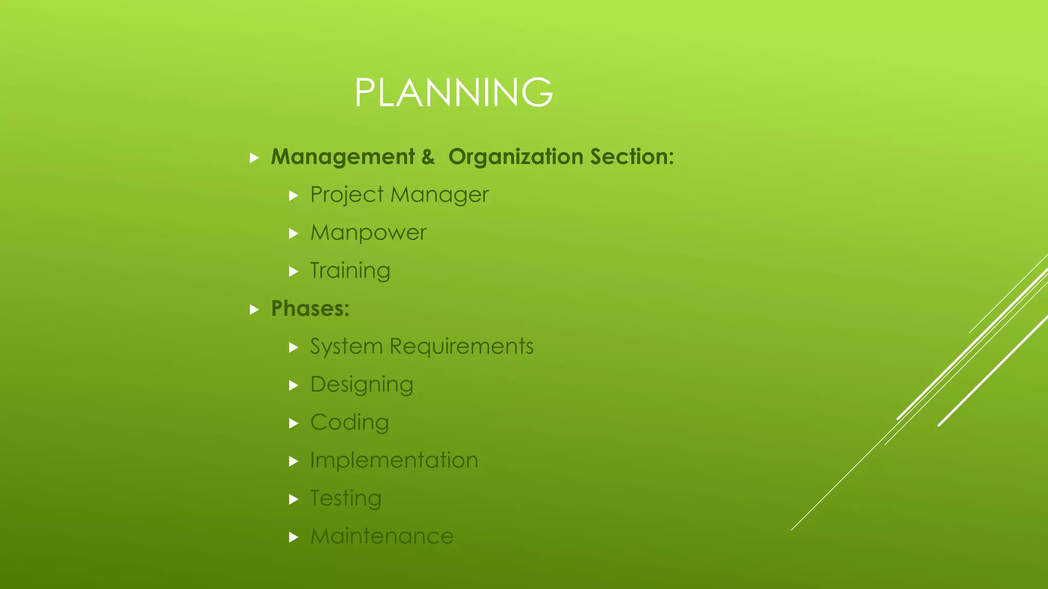 PLANNING
 Management & Organization Section:
 Project Manager
 Manpower
 Training
 Phases:
 System Requirements
 Designing
 Coding
 Implementation
 Testing
 Maintenance
 