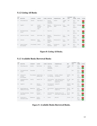 13
5.1.2 Listing All Books
Figure-8: Listing All Books.
5.1.3 Available Books Borrowed Books
Figure-9: Available Books Borrowed Books.
 