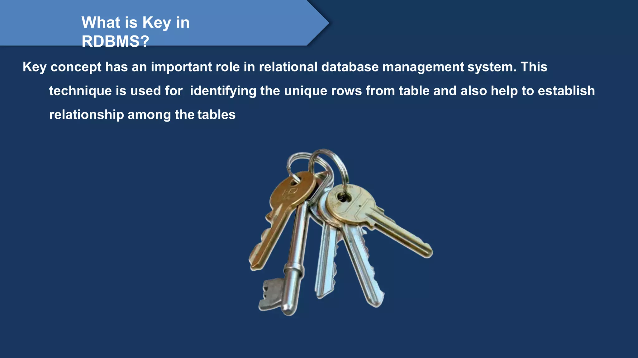Proprietary content. ©Great Learning. All Rights Reserved. Unauthorized use or distribution
prohibited
What is Key in
RDBMS?
Key concept has an important role in relational database management system. This
technique is used for identifying the unique rows from table and also help to establish
relationship among the tables
 