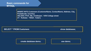 Proprietary content. ©Great Learning. All Rights Reserved. Unauthorized use or distribution
prohibited
Basic commands for
MYSQL
INSERT INTO Customers (CustomerName, ContactName, Address, City,
PostalCode, Country)
VALUES (‘Priti', Ms. Chatterjee', ‘4/56 College street
21', ‘Kolkata', ‘70032', ‘India');
SELECT * FROM Customers show databases;
create database demo; use demo;
 